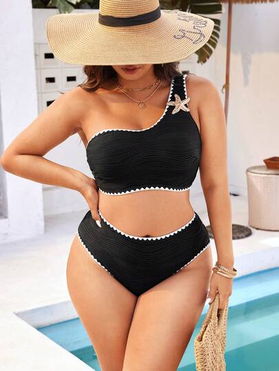 Swim Vcay Plus Size Swimwear Set, Made Of Special Fabric With Starfish Decor, European And American Fashion Resort Series Swimwear