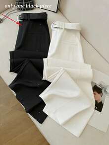 Franclia New Elegant Commuter Women's Straight Wide-Leg Pants With Gold Sequin Design, Casual Trousers With Belt Accessory, Black Gold Sequin Long Pants - Black - View 1