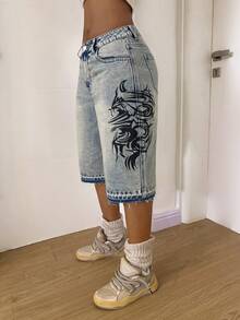 StreetHx Y2K Casual Retro Street Style Printed Low-Waist 7/8 Length Jeans - Light Wash - View 5