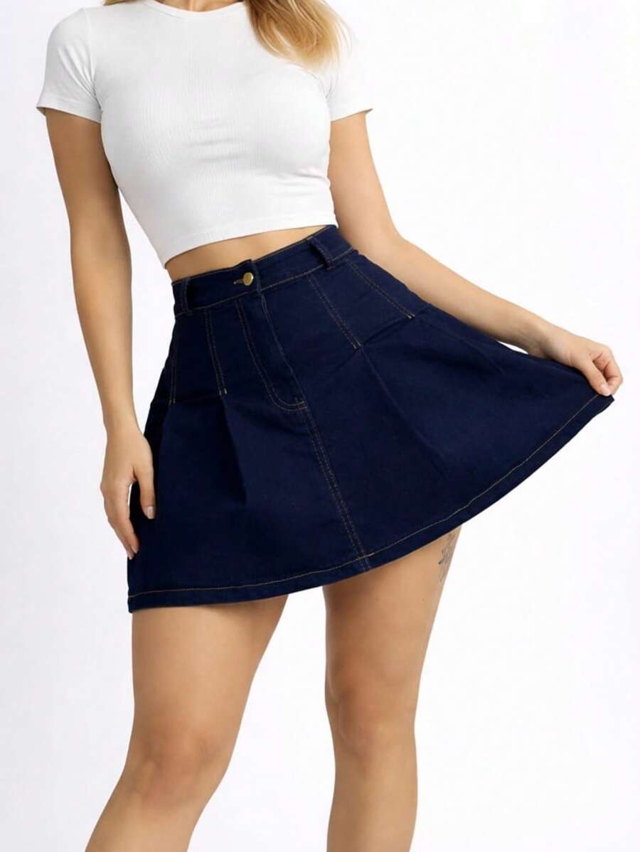 Falda tableada de mezclilla - Azul Marino - Ver 1