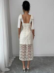 Elenzga Women's Lace Patchwork Shoulder Knot Elegant Waist Cinched Midi Party Dress - Multicolor - View 2