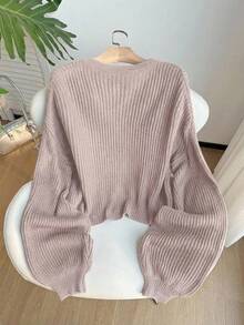 SHEIN EZwear Plus Size Women's Solid Color Drop Shoulder Long Sleeve Casual Knit Cardigan, Pink - Pink - View 2