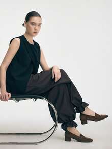 Mnmlis Mocasines de tacón grueso para mujer, zapatos de punta cuadrada con hebilla de metal de ante de moda - Café integral - Ver 8