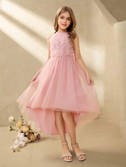 Vestido formal elegante y gracioso de lujo color rosa con diseño de halter con rosa 3D, cintura ceñida y falda de tul esponjosa de doble capa para niñas preadolescentes