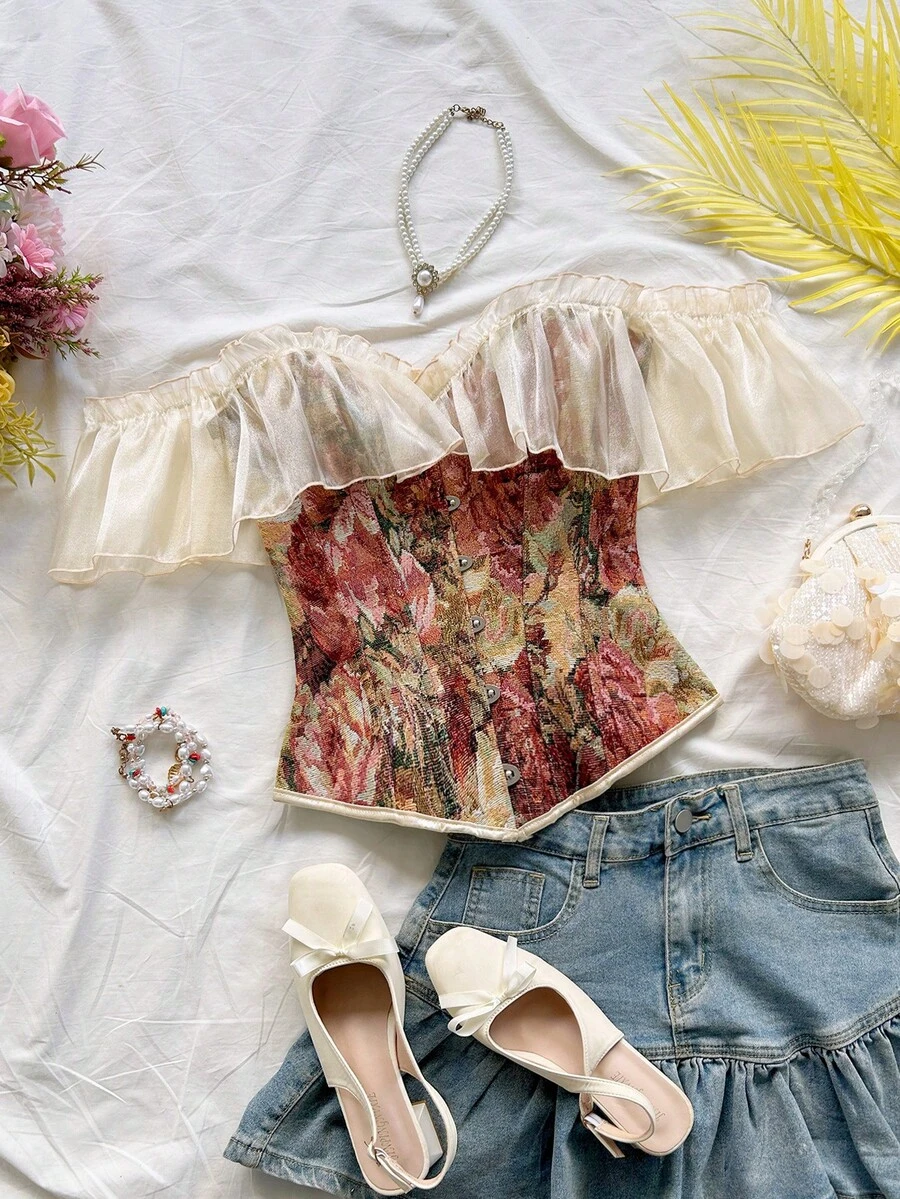 Soleia Atasan Bandeau Off-Shoulder Transparan Bergaya Vintage dengan Motif Lukisan Minyak, Atasan Musim Panas - MultiWarna - View 1