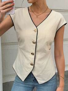 Elyressa 一位女士织造的简约优雅的法式夏季衬衫 - 杏色 - 查看 5