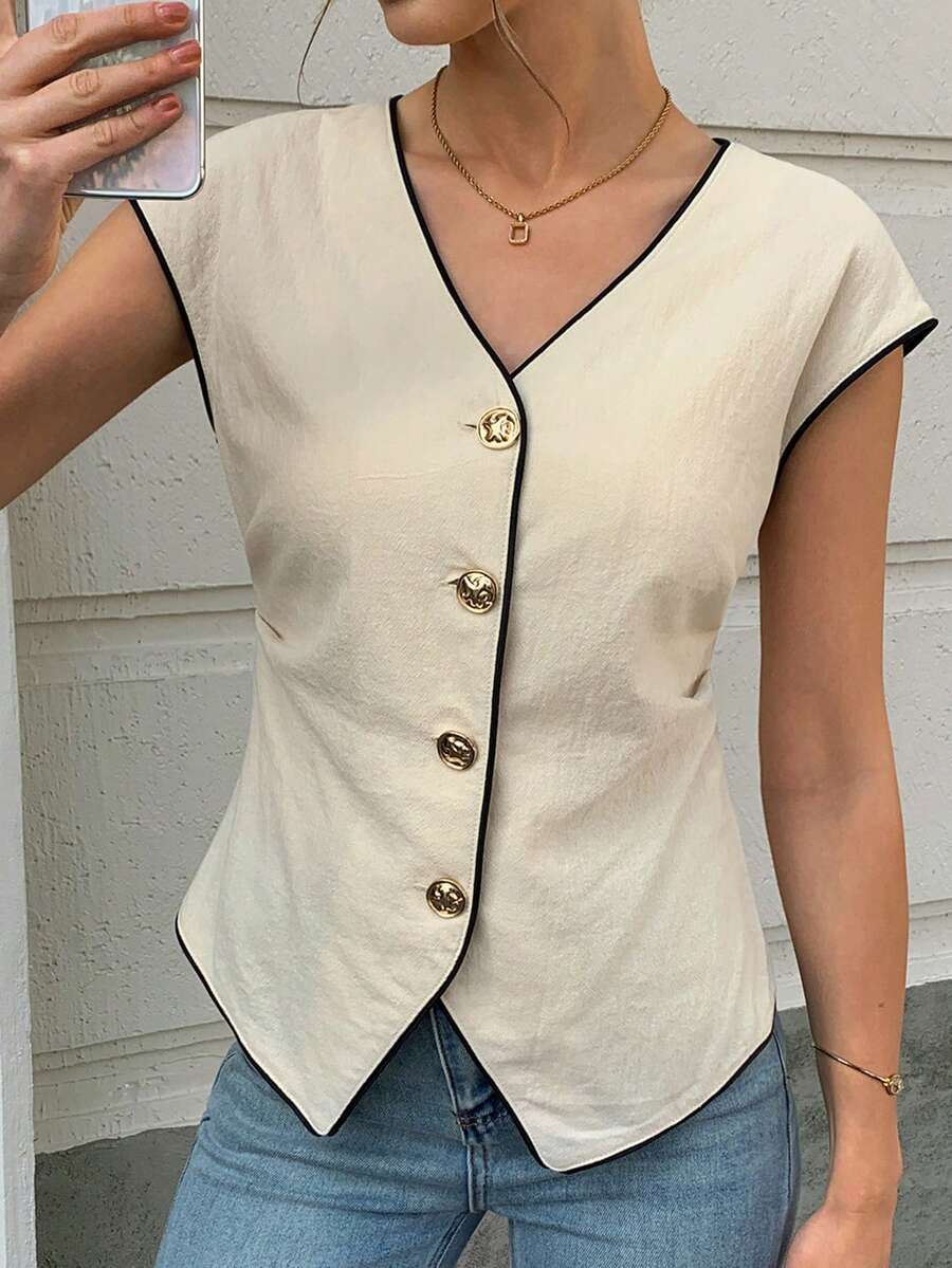 Elyressa 一位女士织造的简约优雅的法式夏季衬衫 - 杏色 - 查看 1