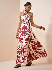 Zivah Vestido largo con estampado floral rojo, escote halter, detalle de volantes en el bajo y cierre delantero para mujer, ideal para vacaciones, fiestas, bodas, paseos, cruceros, playa, etc. - Rojo - Ver 3