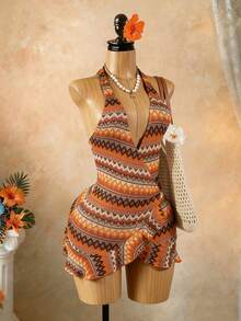 SaltGleam SaltGleam Striped Knit Textured Fabric Ruffle Trim Backless Halter Mini Dress - Multicolor - View 6