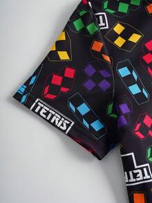 Tetris™ X SHEIN Young Boy Letter & Geometric Print Round Neck Short Sleeve T-Shirt And Shorts Casual Daily Outfit - Black - View 5