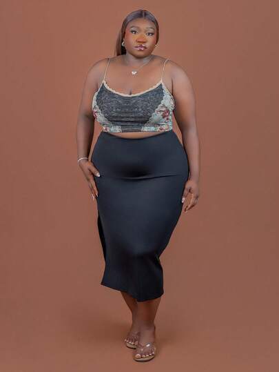 CurvyTilda Y2k 女式加大码波西米亚风复古图案文艺复兴时尚花卉印花撞色蕾丝修身吊带背心