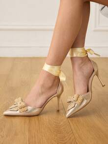 CUCCOO HITCHD Women Stylish Elegant Commuter Rhinestones Pearl Bows Decorated Pointed Pumps - Gold - View 9