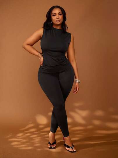 Slaydiva Spring/Summer New Music Festival, Easter, Western, Nomadic, Birthday Party, Graduation, Campus Style, Student Wear, Daily Casual, Basic Versatile, Leisure, Cruise Travel, Beach, Sunbathing, Viral , Streetwear, Brunch, Airport, Party & Holiday 2-Piece Set - Black Sleeveless Pleated Top And Pants, Plus Size