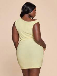 SHEIN BAE Asymmetric Ruched Sexy Bodycon Beaded Cocktail Dress - Yellow - View 2