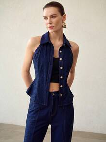 MOTF PREMIUM 女士时尚简约蕾丝拼接牛仔上衣和牛仔裤套装 - 藍色 - 查看 3