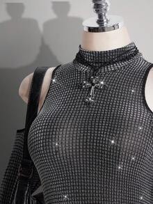 SHEIN ICON بوديسوت جسم شفافة ذات أكمام واسعة مبالغ فيها وياقة عالية، مناسبة لمهرجانات الموسيقى والحفلات - الأسود - مشاهدة 5