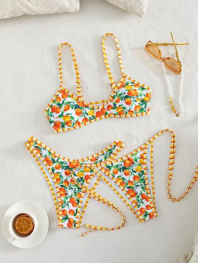 Swim Mod 3pcs/Set New Random Print Adjustable Strap Sexy & Elegant Vacation Bikini Set With 2 Swim Bottoms, Suitable For Beach, Pool Party