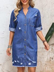 EMERY ROSE Women's Casual Front Button Distressed Denim Dress - Blue - View 4