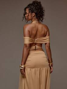 MUSERA 性感露肩吊带短款上衣，适合春夏度假海滩、伊比沙岛音乐节派对，优雅迷人 - 咖啡棕 - 查看 2