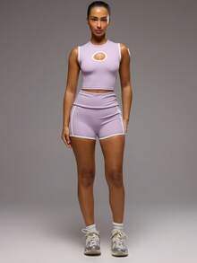 Musera Sport Quần short thể thao dáng ngắn, khóa kéo ở eo, chi tiết gập lại, thích hợp cho tập luyện thể thao, tập gym, pilates, thể dục, hàng ngày, nữ tính, thoải mái, mùa hè. - Màu tím - Xem 3