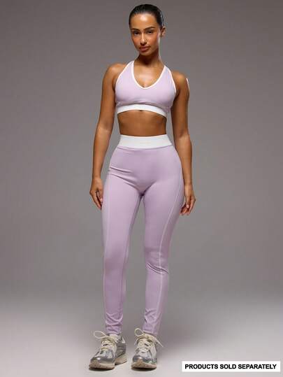 Musera Sport 白色撞色缝线腰带高腰运动紧身裤，仅限运动健身健身房普拉提日常休闲运动，适合女生穿着，热汗透气。