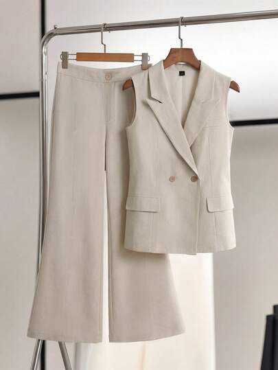 Franclia Plus Size Women's Spring/Summer French Elegant Luxury Minimalist Design Casual Bohemian Vacation/Office Commute Vintage Style Comfortable Solid Color Linen-Like Fabric Notched Collar Open Front Double-Breasted Sleeveless Blazer With Elastic Waist And Pockets, 2-Piece Suit Set
