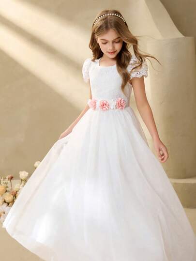 Elegant Flower Tween Girl Dress For Graduation, Wedding, Ball, White Mesh Satin Waist Floral Decor Round Neck Puff Sleeve Full Skirt For Girls, Fashion Puffy Skirt Princess Dress For Back To School