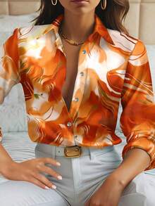 SHEIN Clasi 女式长袖纽扣休闲衬衫，全身印有金色时光图案，长袖上衣 - 橘色 - 查看 4