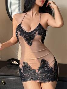 DAZY Sexy Contrast Color Lace Patchwork Spaghetti Strap Bodycon Mini Nightgown - Camel - View 5