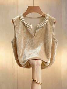 Franclia Women's Elegant Apricot Summer Velvet Glossy Beaded Round Neck Sleeveless Top,Sweet Tea Party Top,Luxury Casual Commuter Office Wear,Fashion - Khaki - View 7