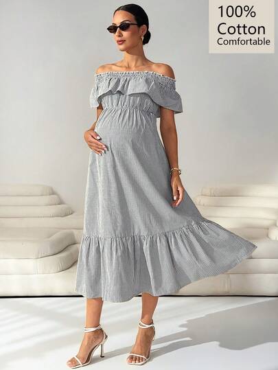 MaterniWear Summer Outfit Maternity Work Clothes Maternity Work Outfits   Maternity Work Dresses  Maternity Off-Shoulder Striped Cotton Breathable And Comfortable Long Dress Pregnant Women's Off-Shoulder Striped Ruched Fashionable Chic Party Tube Dress,Old Money Style