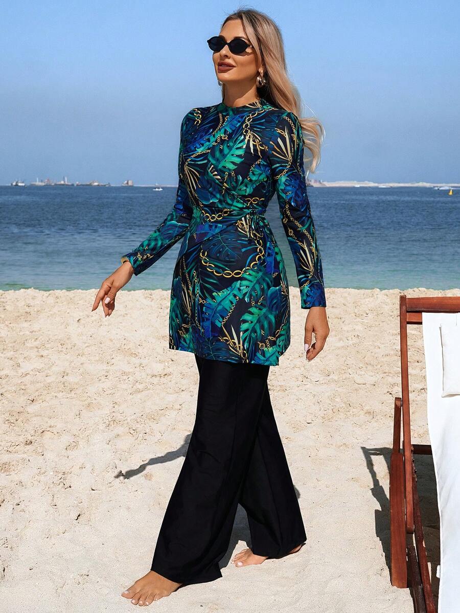 Swim Mulvari 女士中东风情两件套布基尼泳衣套装，新款热销印花长袖连衣裙和直筒裤，优雅休闲沙滩度假泳装套装 - 彩色 - 查看 1