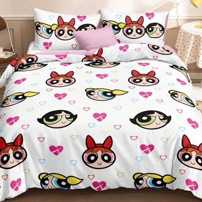 THE POWERPUFF GIRLS X SHEIN Bộ 3 món ga trải giường in hình hoạt hình Powerpuff Girls, chất liệu vải mềm mại, màu hồng, họa tiết Buttercup B, Bubbles, Blossom, nhiều kích cỡ, phù hợp với giường đơn, giường đôi, giường cỡ King và giường cỡ Queen.