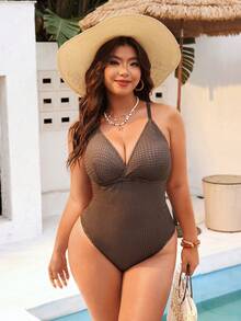 Swim Vcay 2026新款加大码女士夏季沙滩度假咖啡色纹理连体泳衣，法式双色深V细肩带修身收腹提胸塑形保暖春季沙滩连体泳衣，加大码女士泳衣，棕色泳衣，棕色泳衣，女士加大码连体泳衣，沙滩套装，加大码泳衣，女士泳装，加大码泳衣，女士加大码泳装，女士加大码泳衣，女士加大码泳装，女士连体泳衣 - 棕色 - 查看 4