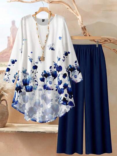 Rusticease 两件套女士复古碎花宽松圆领长袖上衣和裤子套装，适合秋冬季节穿着，休闲大码。