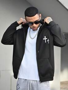 Devon Thys 1 件男士宽松图案印花拉链连帽衫，带抽绳，拉链基本款长袖连帽运动衫，适合朋友、丈夫、男朋友的礼物，适合秋季 - 黑色 - 查看 6