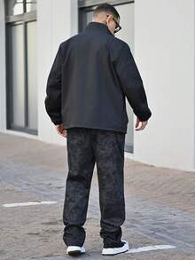 Devon Thys 男士长袖休闲百搭运动立领夹克，大号印花图案，情侣款，大口袋，秋冬拉链夹克，防风夹克，街头风科技夹克 - 黑色 - 查看 4