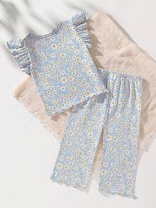 女婴夏季系列两件套睡衣套装，蓝色雏菊碎花和白色春日花朵印花，荷叶边袖上衣和裤子。 - 藍色 - 查看 2