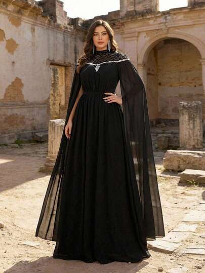 Aureia Plus Size Elegant Romantic Black Stand Collar Puff Sleeve Luxury Beaded Chiffon A-Line Dress, Suitable For Wedding, Party, Formal Occasion, Luxury Evening Gown (Embellished Design) Black Dress With Sleeves