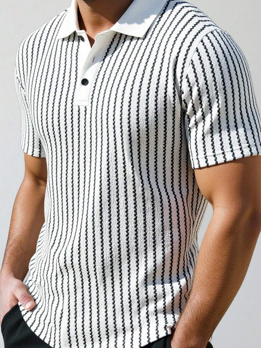 Manfinity Homme 男士休闲通勤条纹纽扣 Polo 衫 - 黑與白 - 查看 1