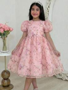 Vestido ajustado con cuello en V, mangas abullonadas y estampado floral para niña preadolescente - Rosa Pálido - Ver 2
