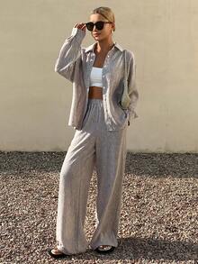 Livesso Women's Striped Tie-Front Backless Blouse And Casual Pants 2 Pieces Set, Suitable For Holiday, Spring And Summer - Coffee Brown - View 1