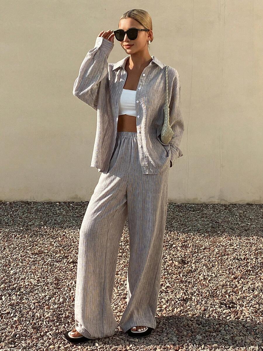 Livesso Women's Striped Tie-Front Backless Blouse And Casual Pants 2 Pieces Set, Suitable For Holiday, Spring And Summer - Coffee Brown - View 1