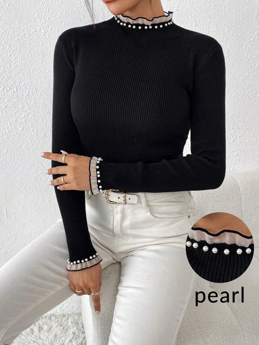 Firerie 撞色饰边荷叶边立领黑色毛衣、长袖上衣