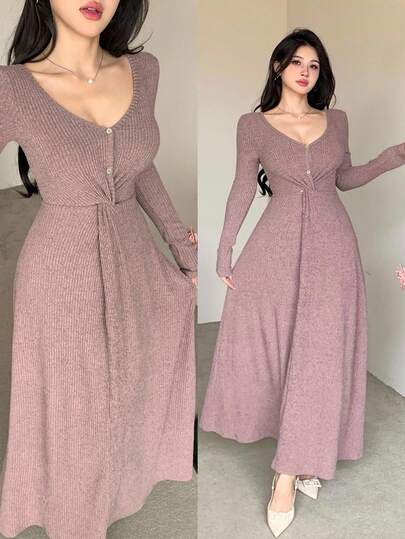 DAZY 女式优雅纯色V领扭纹中长连衣裙，秋季