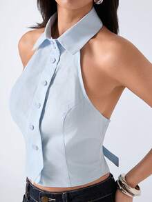 LYSMO 2026 New Arrive Minimalism Spring/Summe Women's Sexy Front Button Backless Halter Shirt, Summer - Baby Blue - View 4