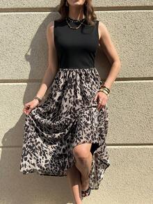 Solivie 女士休闲无袖豹纹拼接中长连衣裙 - 黑色 - 查看 1