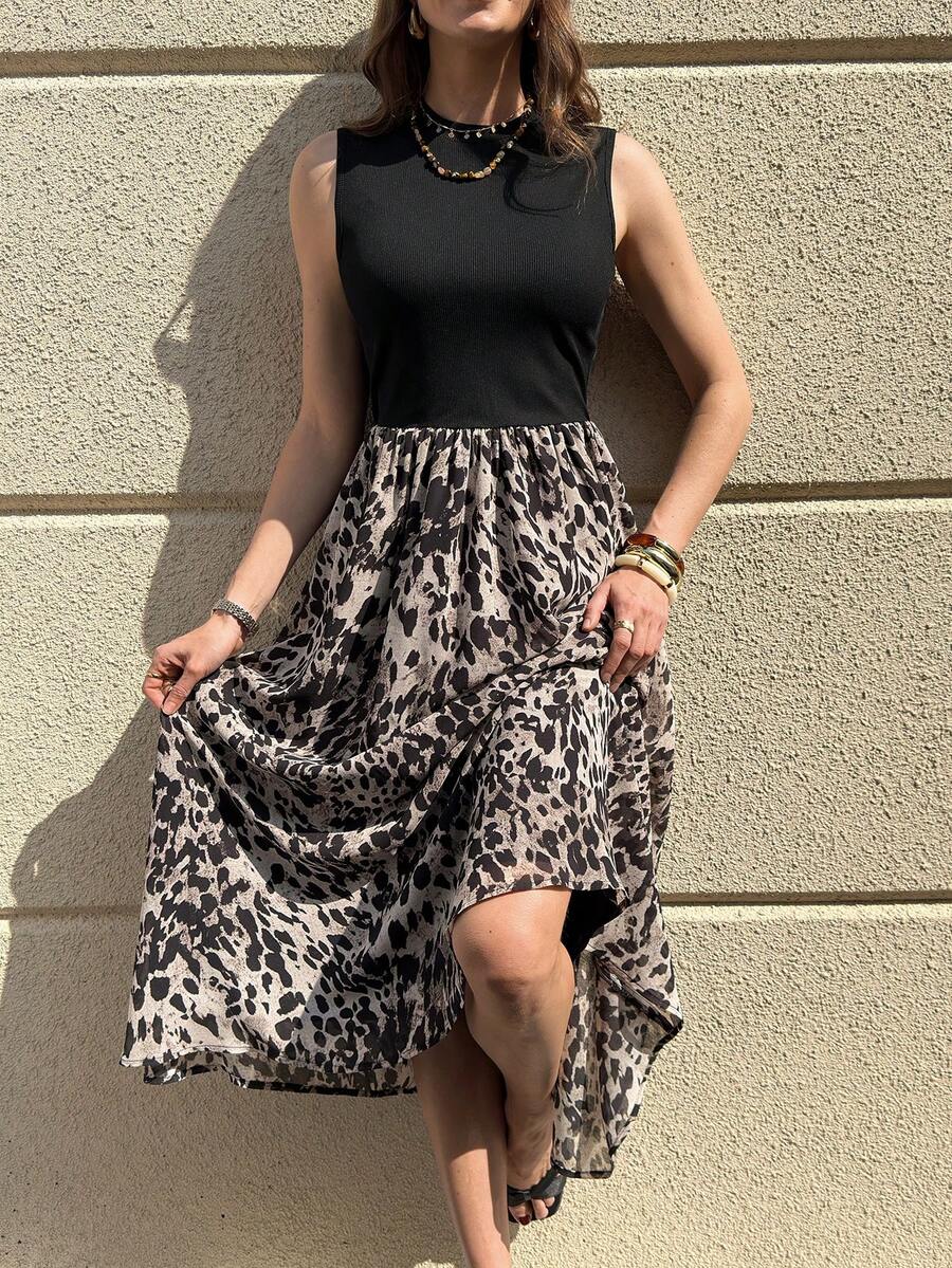 Solivie 女士休闲无袖豹纹拼接中长连衣裙 - 黑色 - 查看 1