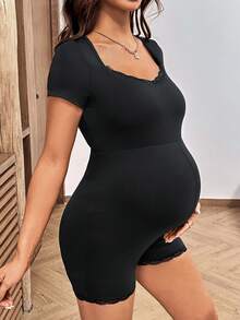 SHEIN Maternity Summer Pregnant Casual Solid Color Fitted Romper Black , Elegant, High Elasticity, Comfortable Romper - Black and White - View 4
