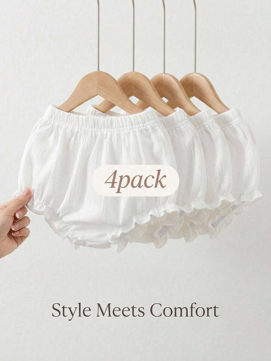 SHEIN Playful Pals 3件套女宝宝可爱基础款纯色荷叶边松紧腰灯笼裤短裤套装,柔软轻薄,适合度假、海滩、夏季日常穿着,春夏季节适用。 - 白色 - 查看 1